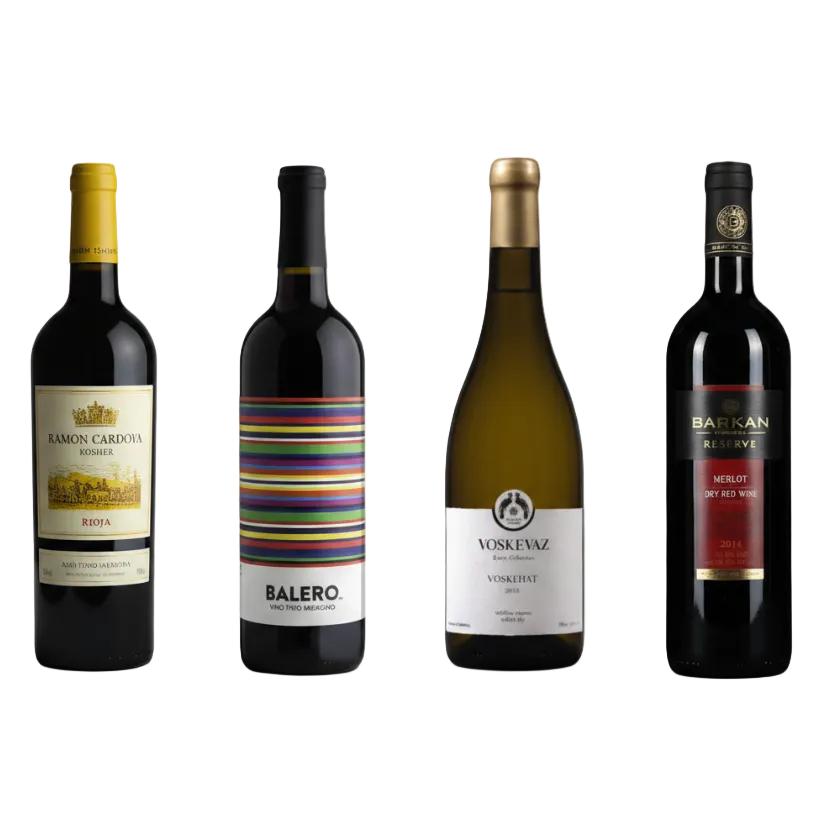 4 vinos kosher y mexicanos con fondo blanco