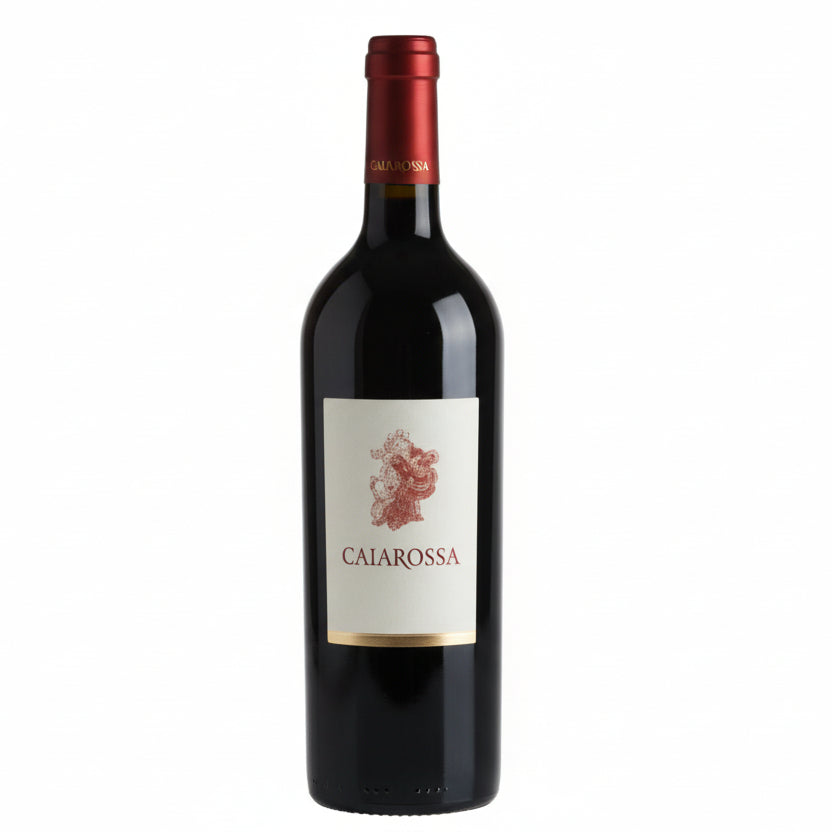 Botella de vino tinto Caiarossa 2018 Toscana IGT etiqueta roja minimalista