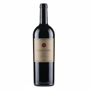 Botella de vino tinto Massetino 2022 Toscana IGT etiqueta minimalista gris y negra