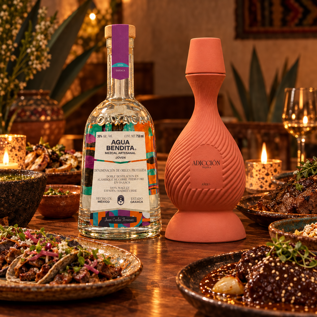 Agua Bendita Mezcal y Adicción Tequila Añejo — escena de comidaslider_item_qLczNt