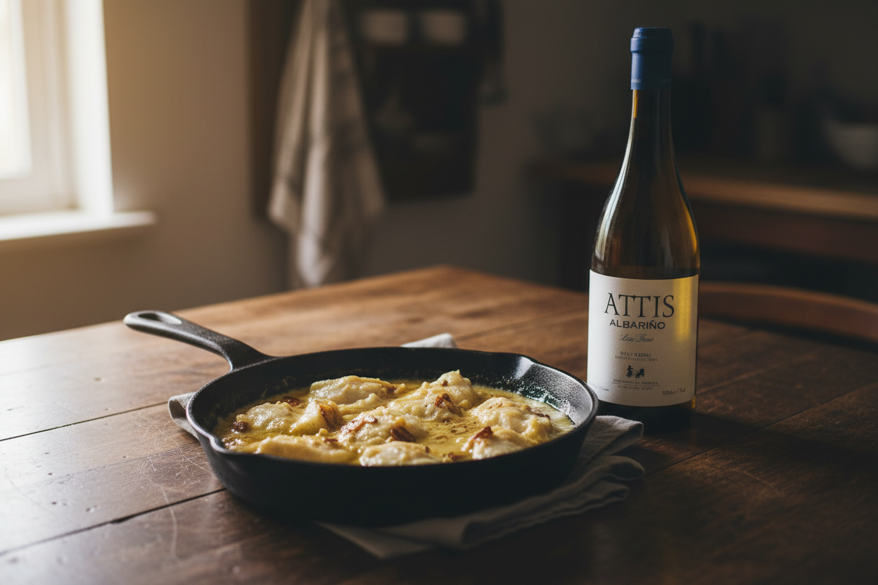 Attis Albariño con bacalao al pil-pil