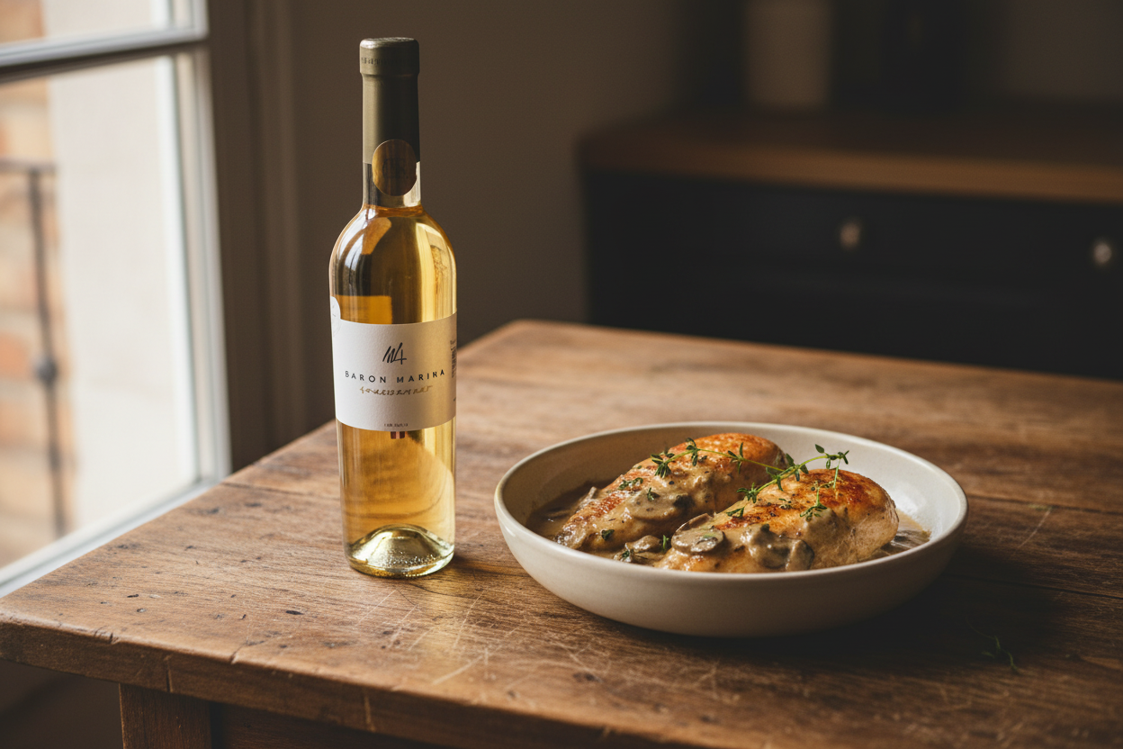 Baron Maxime Chardonnay con pollo en salsa de champiñones