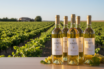 Botellas con vino uva tipo airén con viñedo de fondo