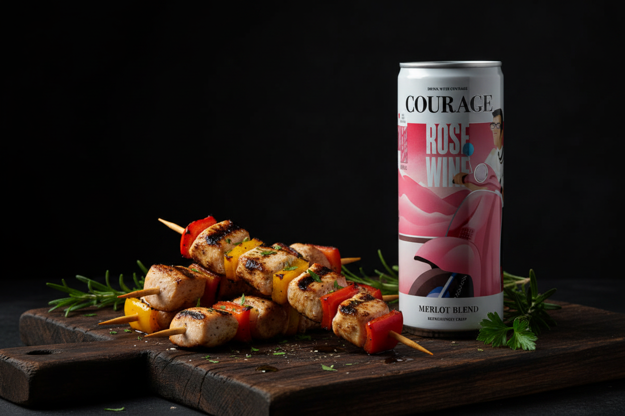 Brochetas de pollo con Rosado Merlot Courage