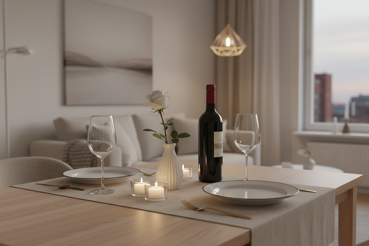 Cena romántica con vinos en una casa, ambiente íntimo y minimalista. Sencillo slider_item_HiMBLA