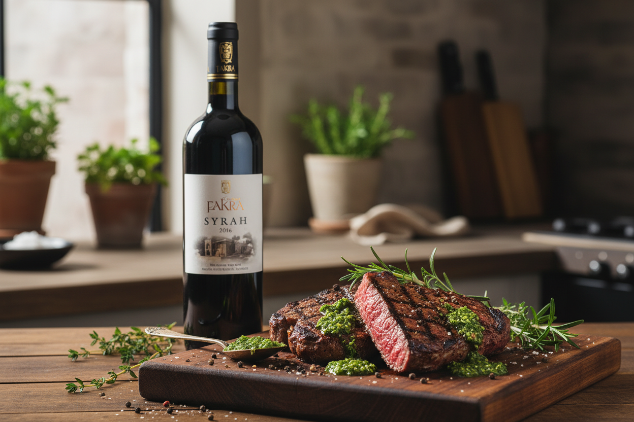 Château Fakra Pinacle Syrah con carne asada