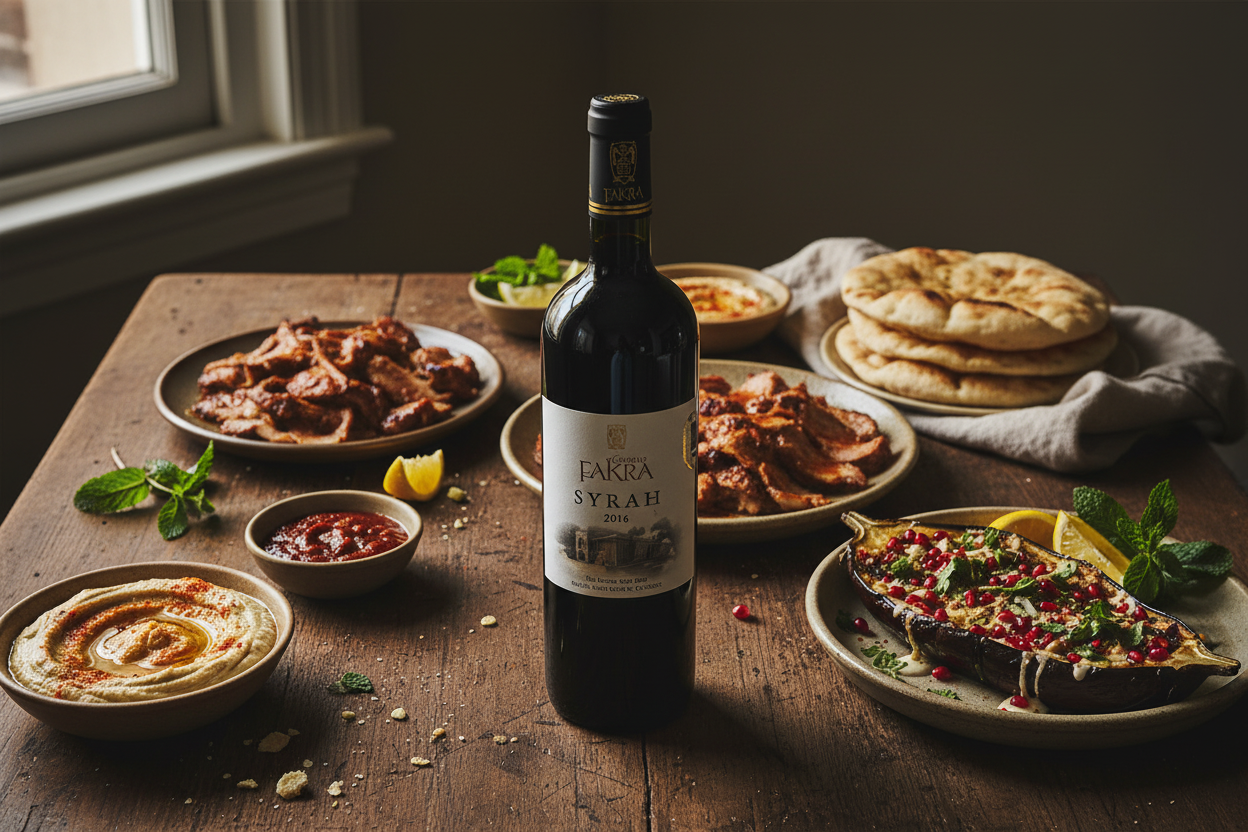 Château Fakra Pinacle Syrah con cocina de Oriente Próximo