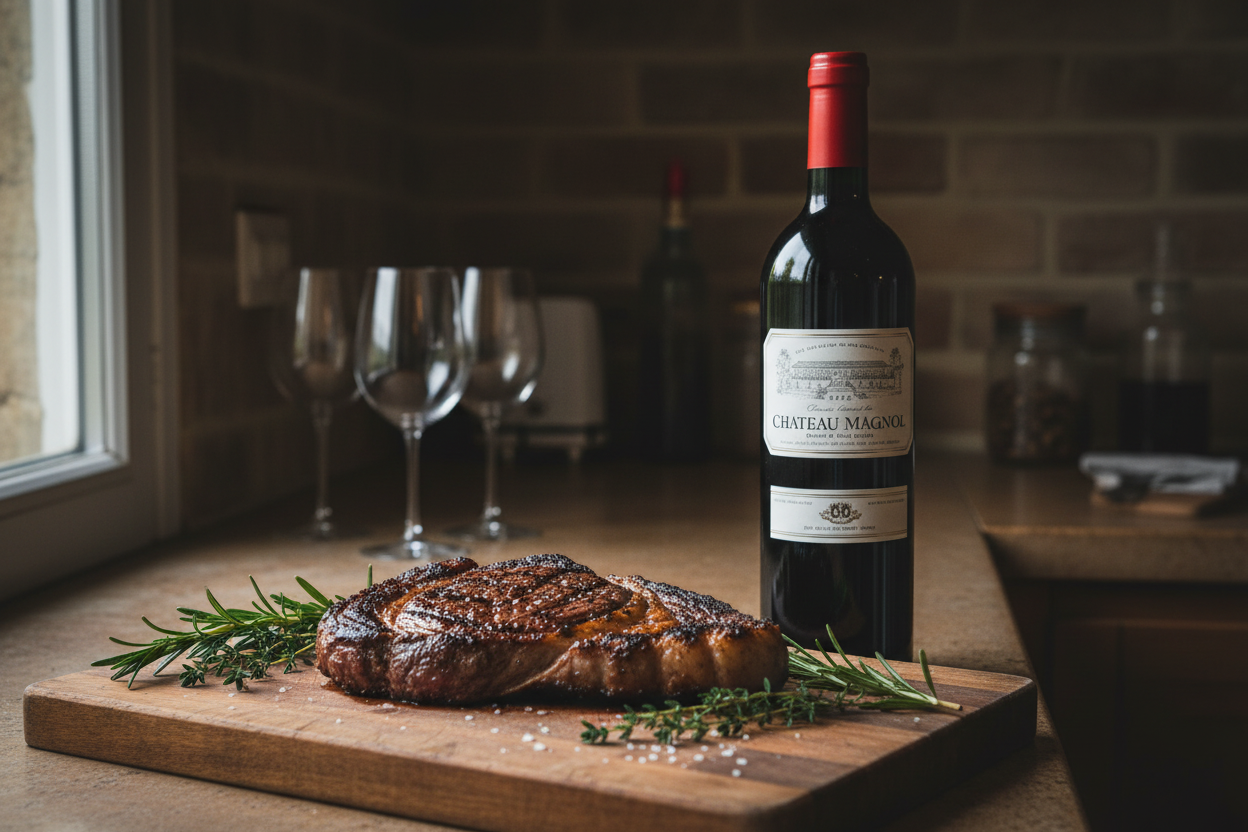Château Magnol con carne premium a la parrilla