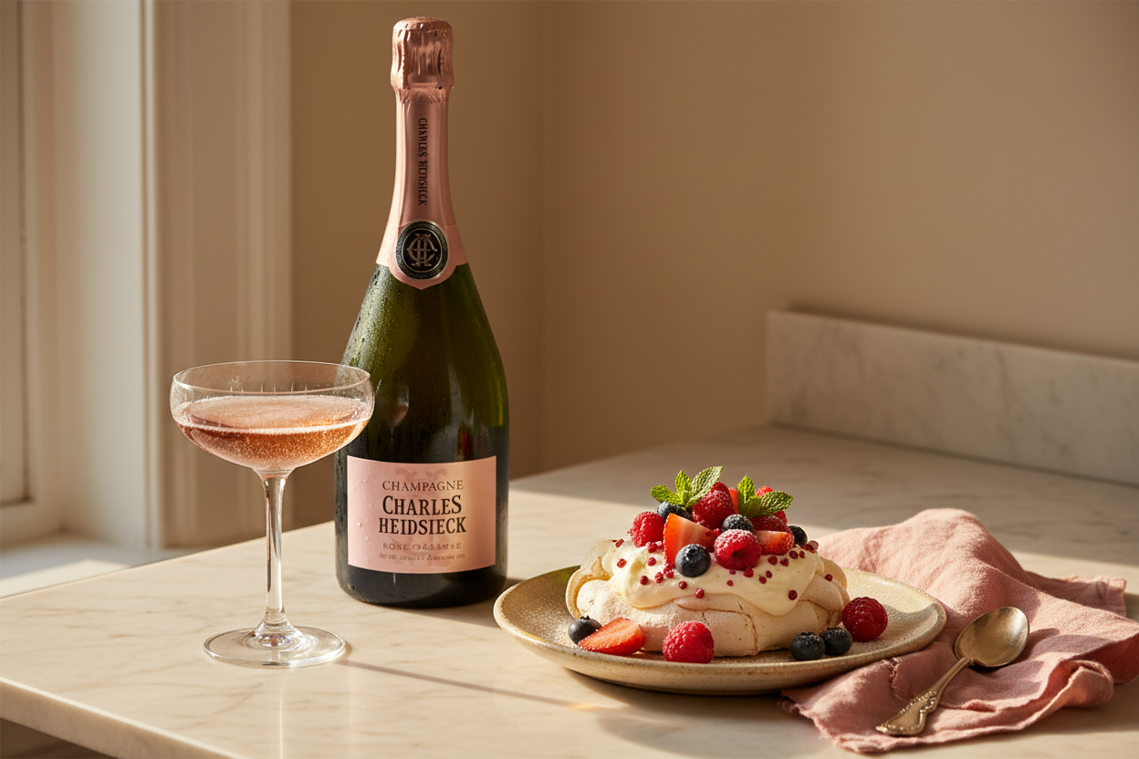 Champagne Charles Heidsieck Rosé Réserve - Postres de Frutos Rojos con Pimienta Rosa