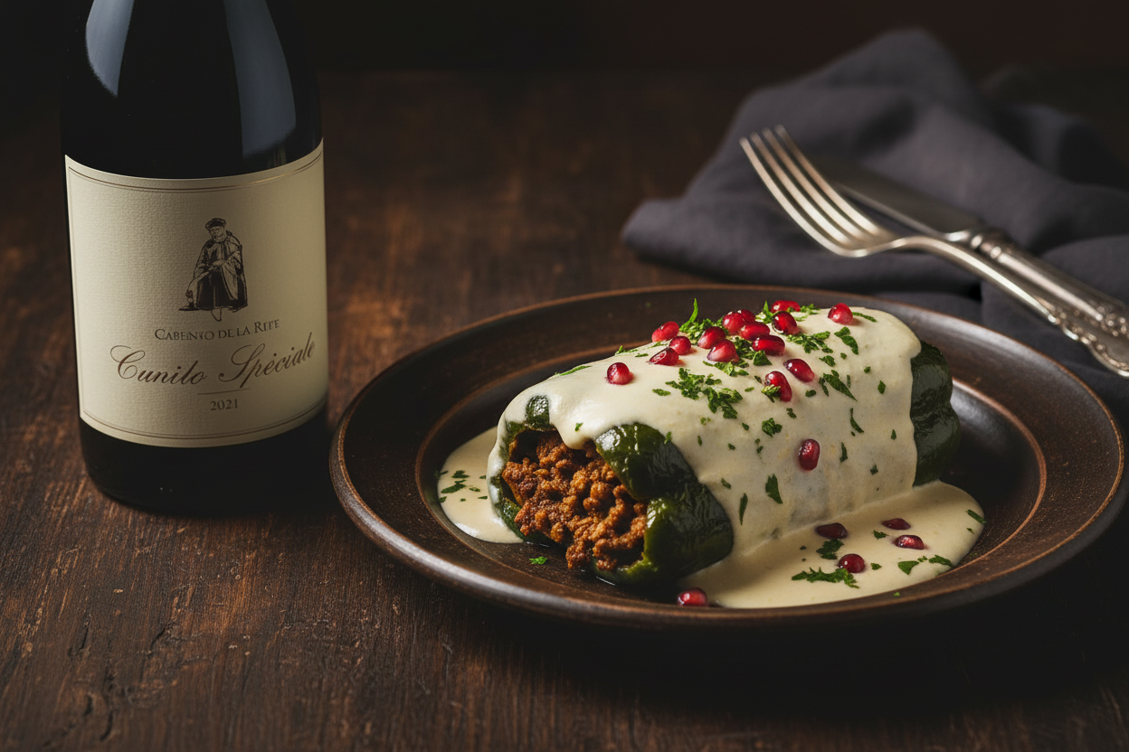 Chiles en nogada con Viñedo Barreiros