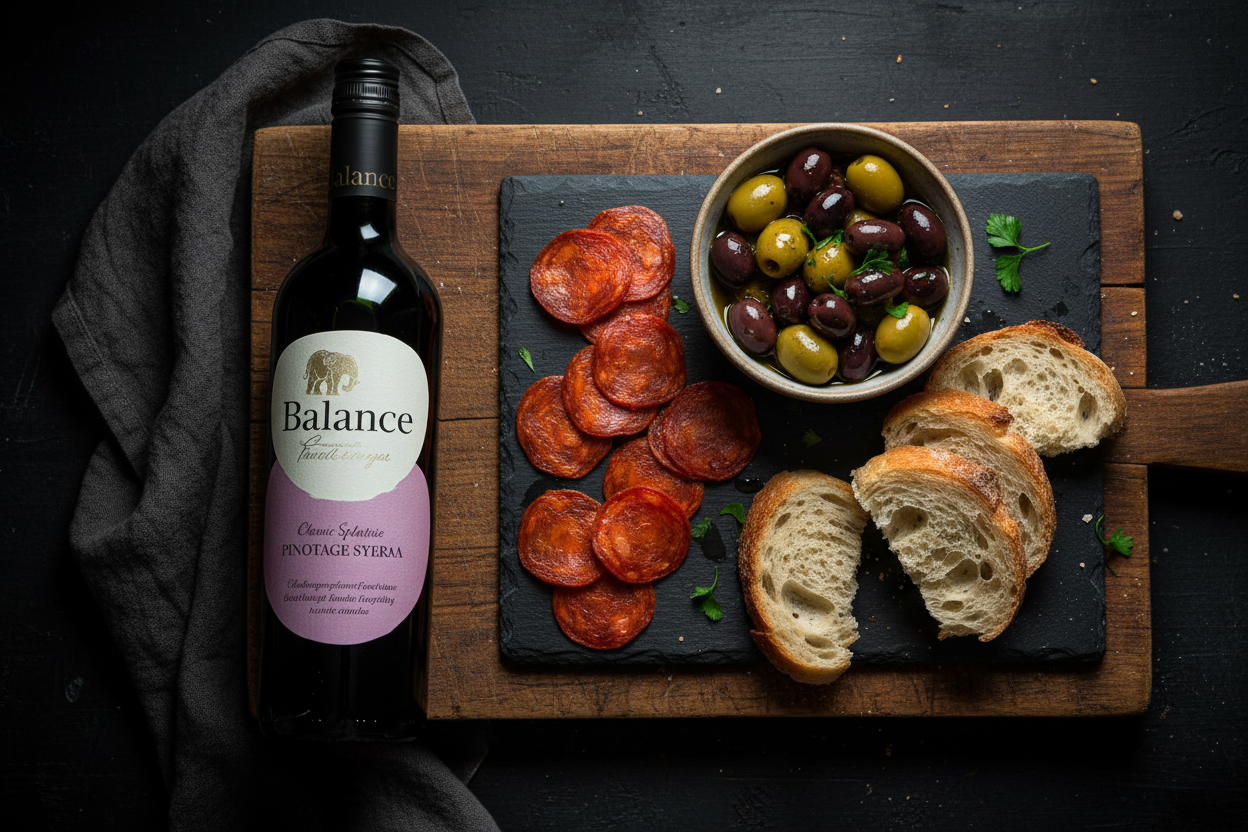 Chorizo y aceitunas con Pinotage Syrah