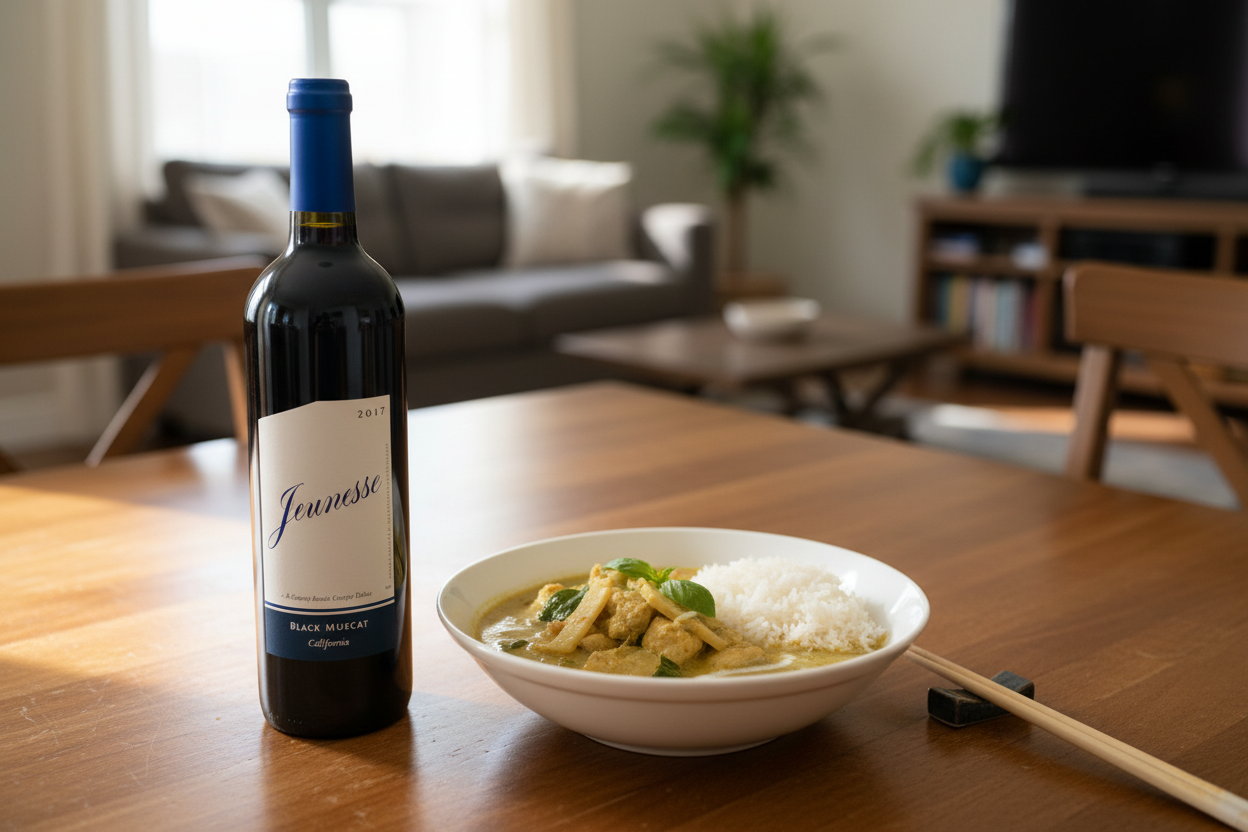 Comida tailandesa con Baron Herzog Jeunesse Black Muscat