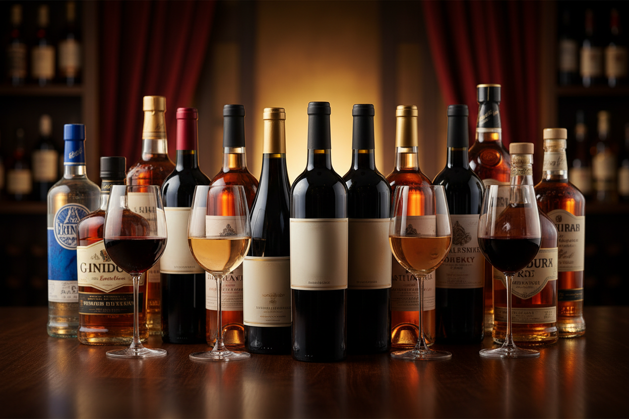 Diferentes bebidas alcohólicas en un banner con foco en vinos, sin incluir cevezas y sin texto alguno 