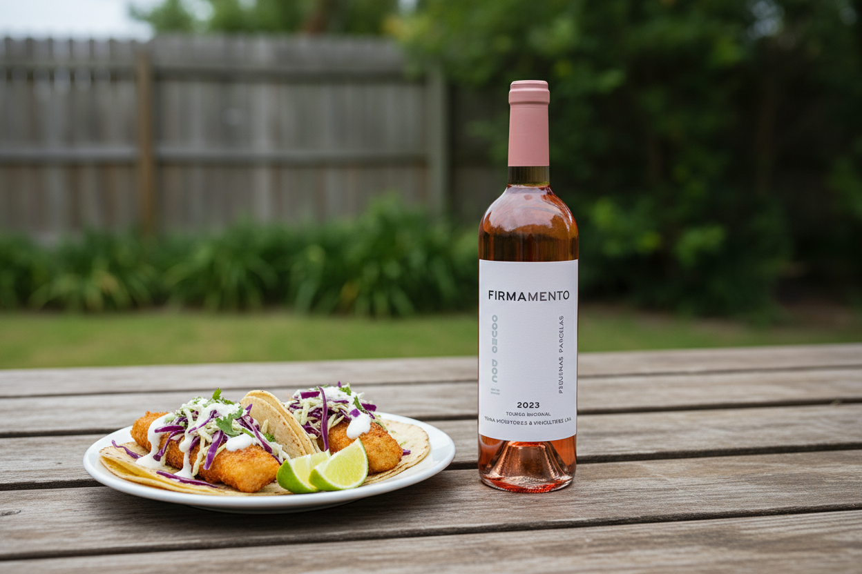 Firmamento Rosé con tacos de pescado