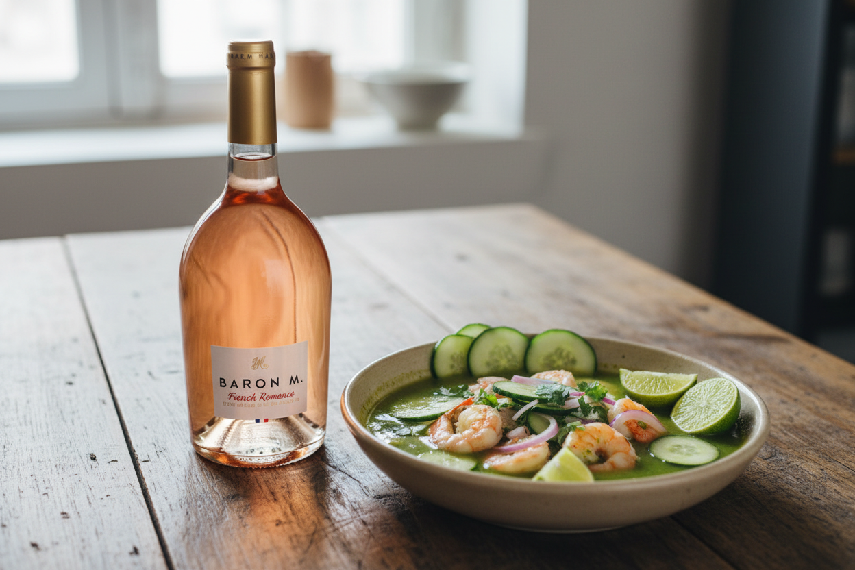 French Romance Colombard-Sauvignon con aguachile