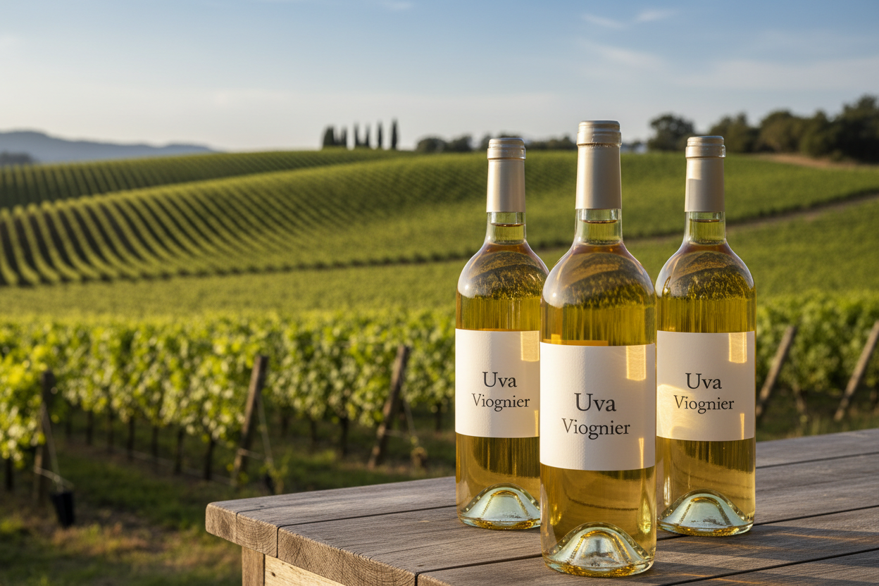 botellas de vino de Uva Viognier y de fondo un viñedo. slider_item_HiMBLA