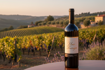 botella de vino de Uva Touriga con un viñedo de fondo 