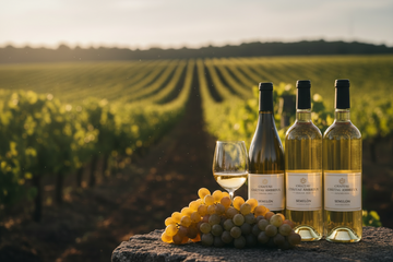 Uva Semillón y vinos con fondo de viñedo