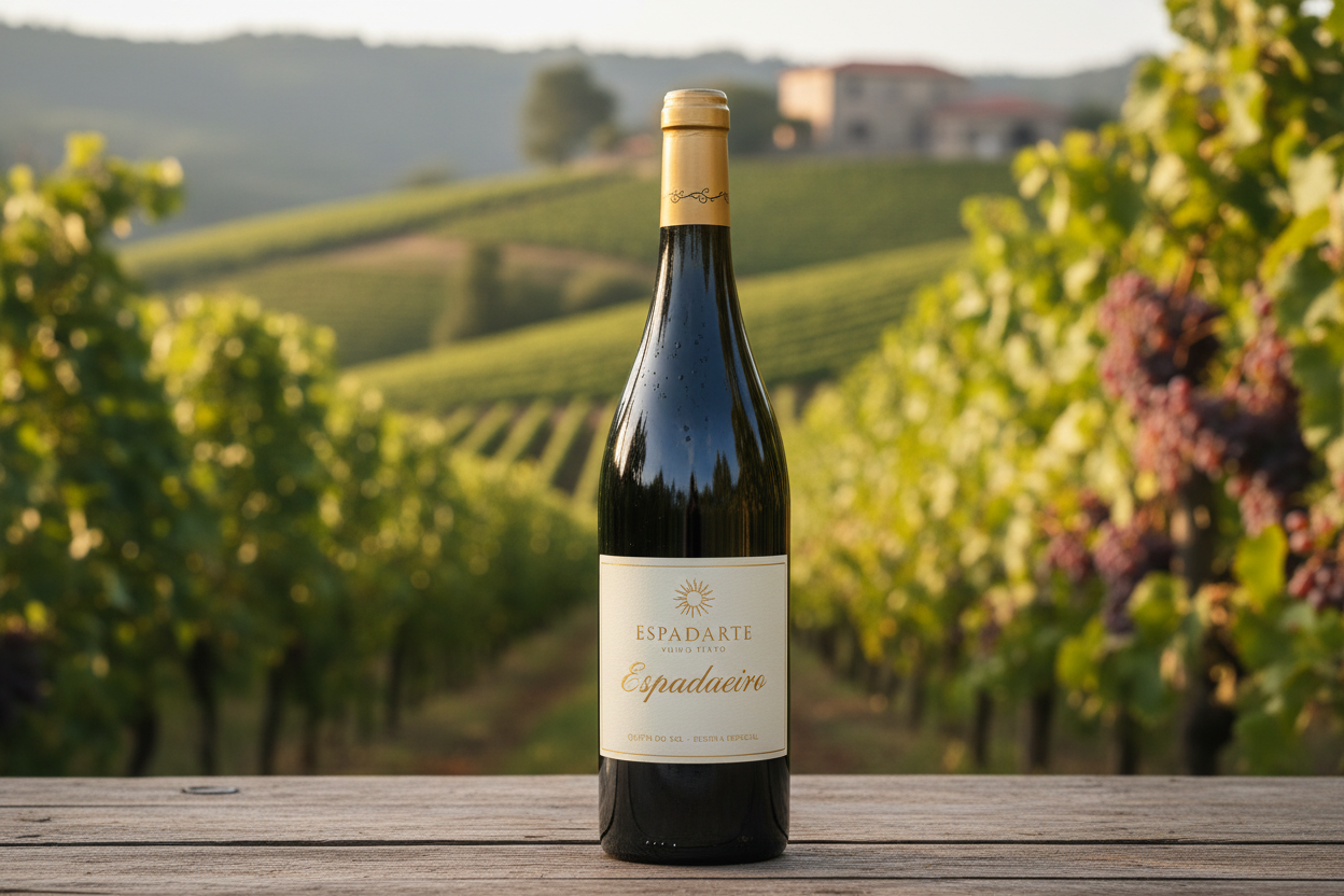 Botella de vino con uva Espadeiro, en un viñedo de fondoslider_item_HiMBLA