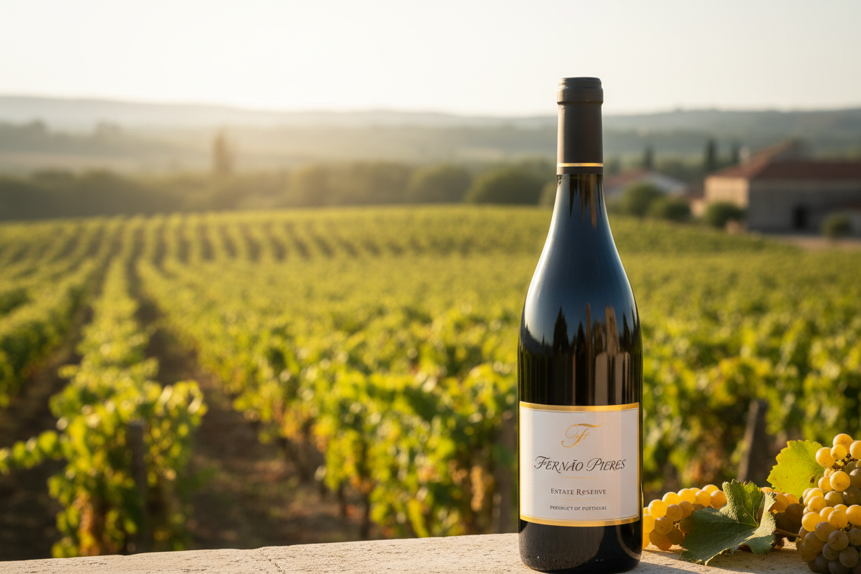 botella de vino con uva Fernao Pires y un viñedo de fondoslider_item_HiMBLA