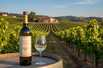 botella de vino con uva Loureiro con un viñedo de fondo