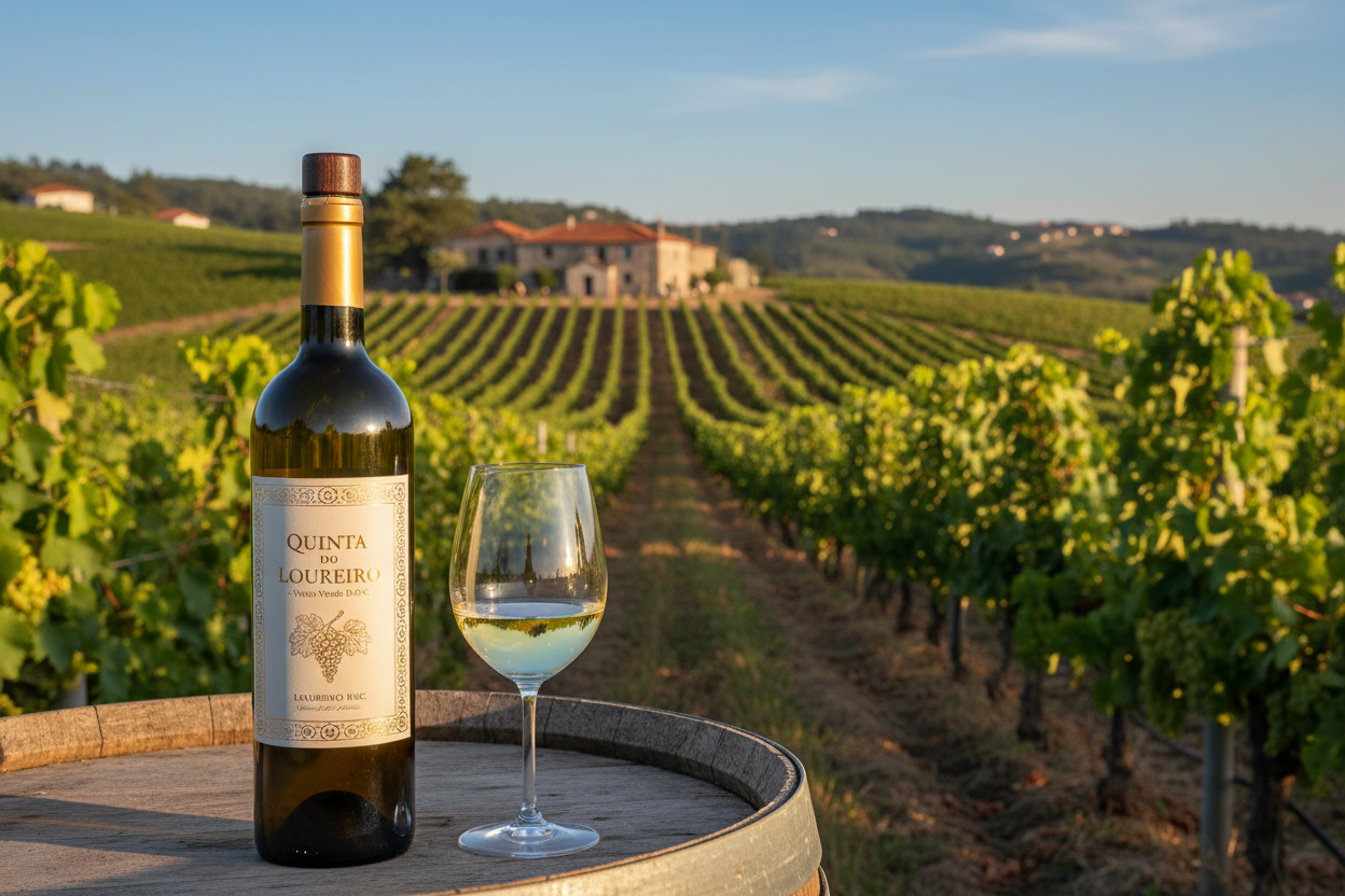 botella de vino con uva Loureiro con un viñedo de fondoslider_item_HiMBLA