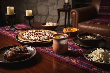 un vaso con Mezcal en una mesa con comida tradicional de Oaxaca. 