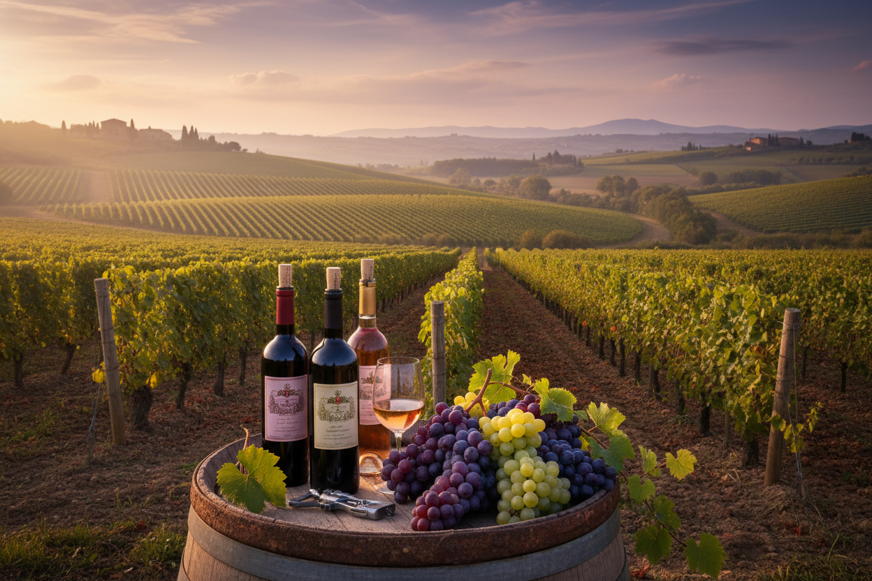 Generar una imagen de un viñedo, bonito, tranquilo elegante y agrega algunas botellas de vino y uvas slider_item_BtNb6B