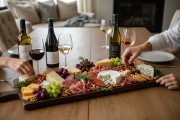  tabla de quesos y carnes frías en una mesa de reunión con amigos o familiares en una casa con vinos que hacen maridaje.