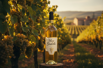 vinos con uva Godello en un viñedo de fondo 