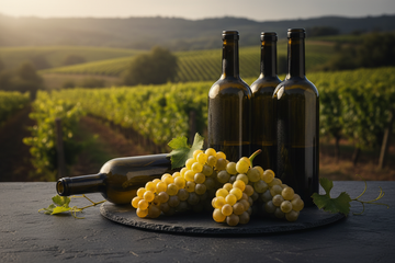 Vinos con uva xarel-lo, y botellas de vino con un viñedo de fondo