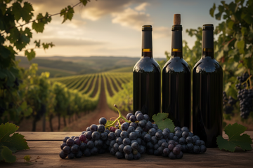 Uva estaladiña con vinos de esa misma uva, de fondo un viñedo