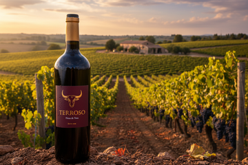 vino con Uvas Tinta De Toro, con viñedo de fondo. 