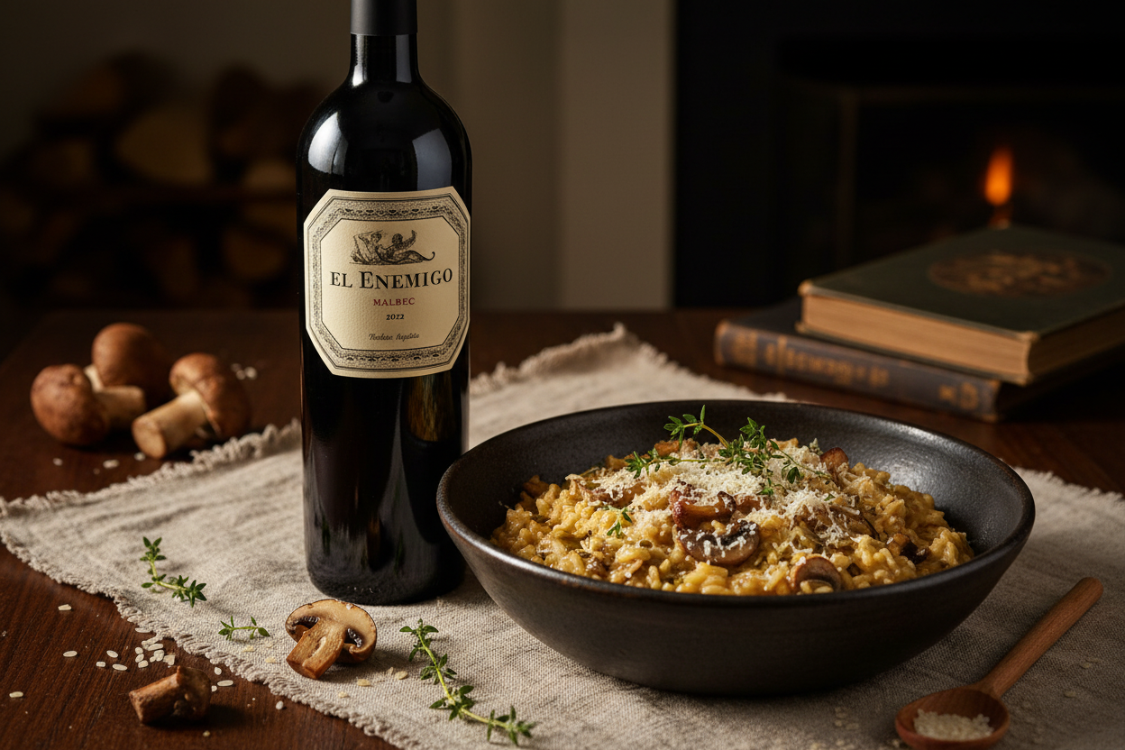 El Enemigo Malbec 2022 con risotto de hongos porcini - maridaje