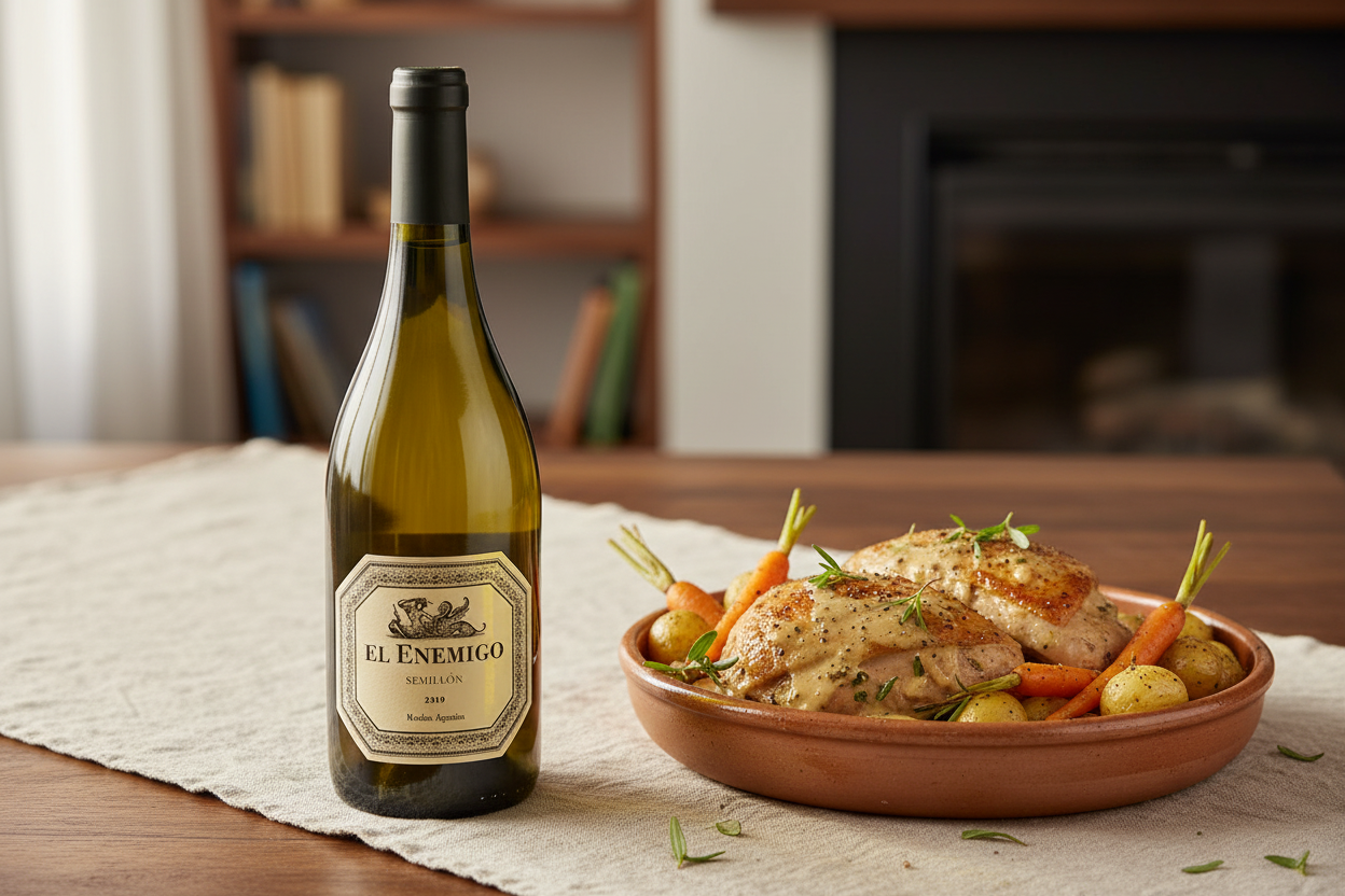 El Enemigo Semillón 2019 con aves en salsa cremosa - maridaje