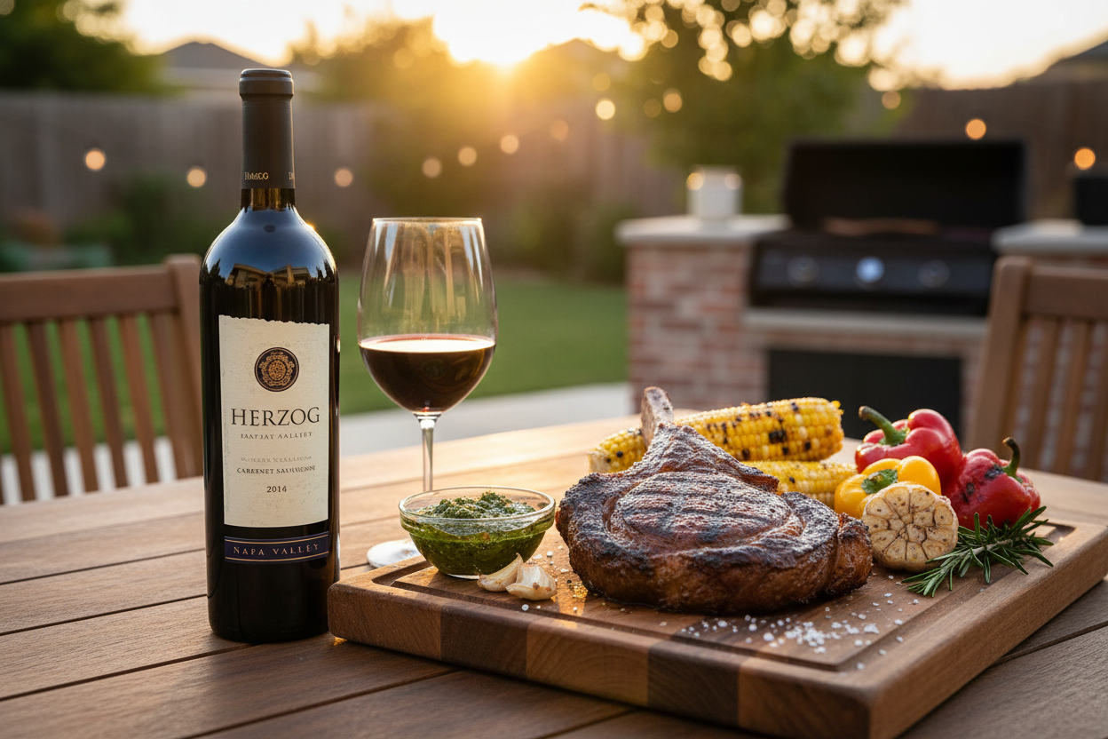 Maridaje Kosher Herzog Napa Valley Cabernet con tomahawk a la parrilla y chimichurri