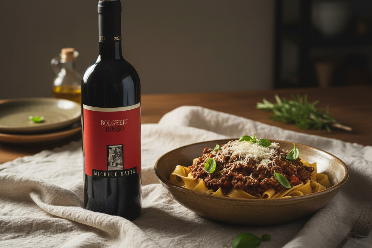 Bolgheri Rosso 2021 con pappardelle al ragú de carne - maridaje