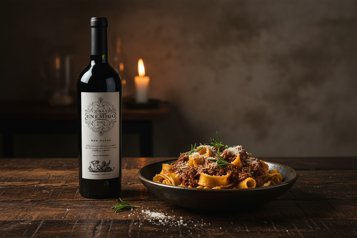 El Gran Enemigo Blend 2021 con pasta y ragú de cordero - maridaje