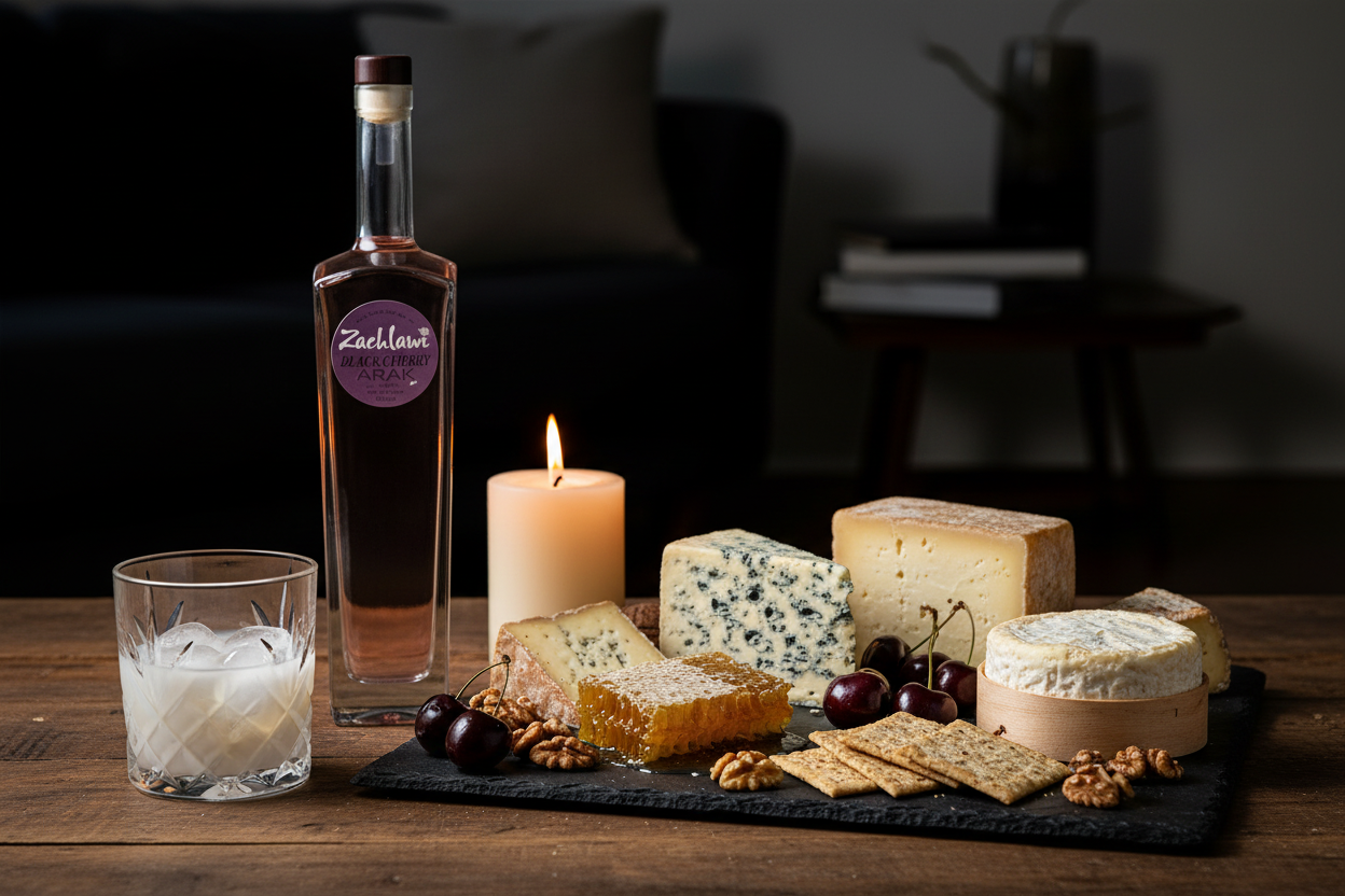 Zachlawi Black Cherry Arak con tabla de quesos fuertes - maridaje