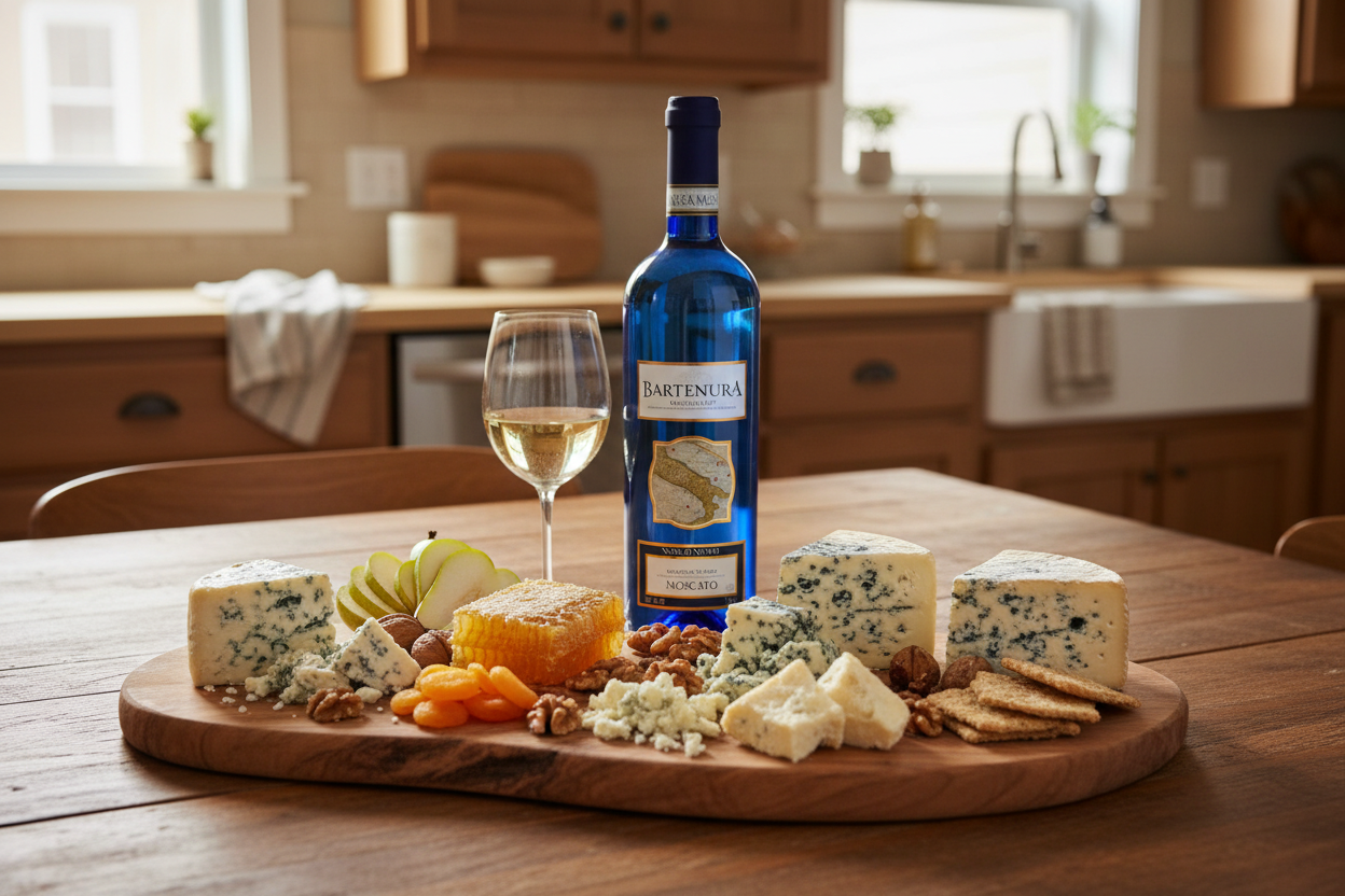 Maridaje Kosher Bartenura Moscato d'Asti con quesos azules Gorgonzola