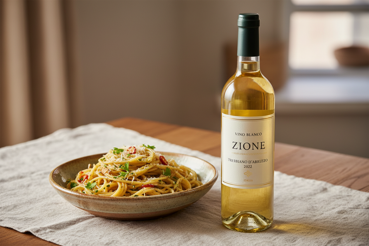 Zione Trebbiano D'Abruzzo 2022 con pasta ligera al óleo - maridaje