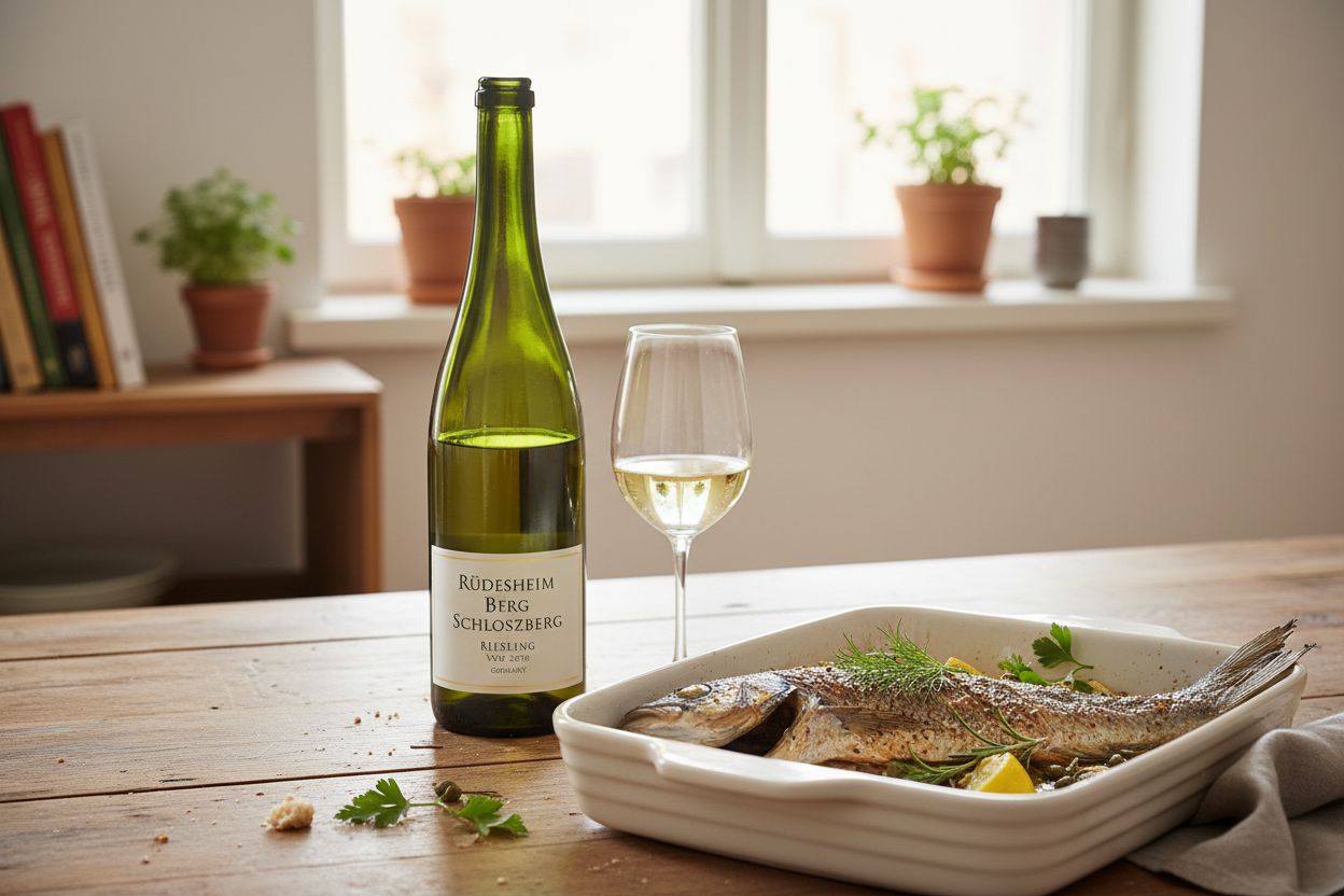 Maridaje Rüdesheim Berg Schlossberg Riesling VDP GG 2016 con pescados blancos de roca al horno