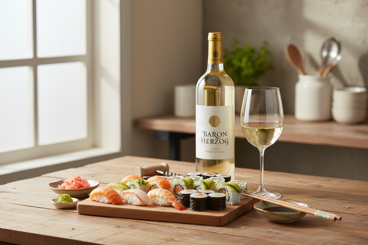 Maridaje Kosher Baron Herzog Pinot Grigio con sushi