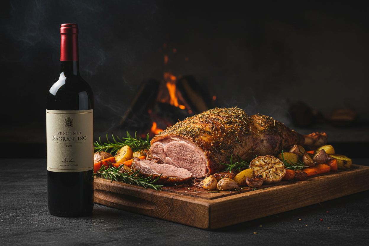 Montefalco Sagrantino 2016 con cordero asado a la leña - maridaje