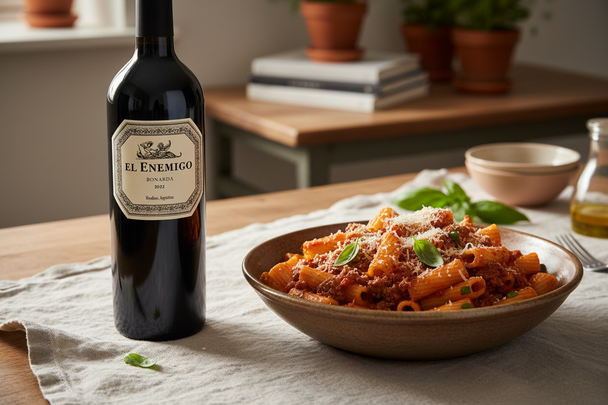 El Enemigo Bonarda 2022 con pasta y salsa roja intensa - maridaje