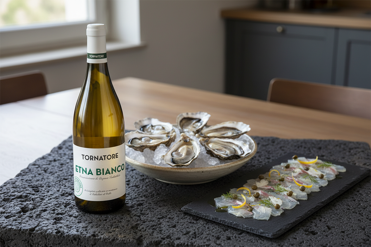 Etna Bianco 2023 con mariscos crudos ostras y carpaccio de pescado - maridaje