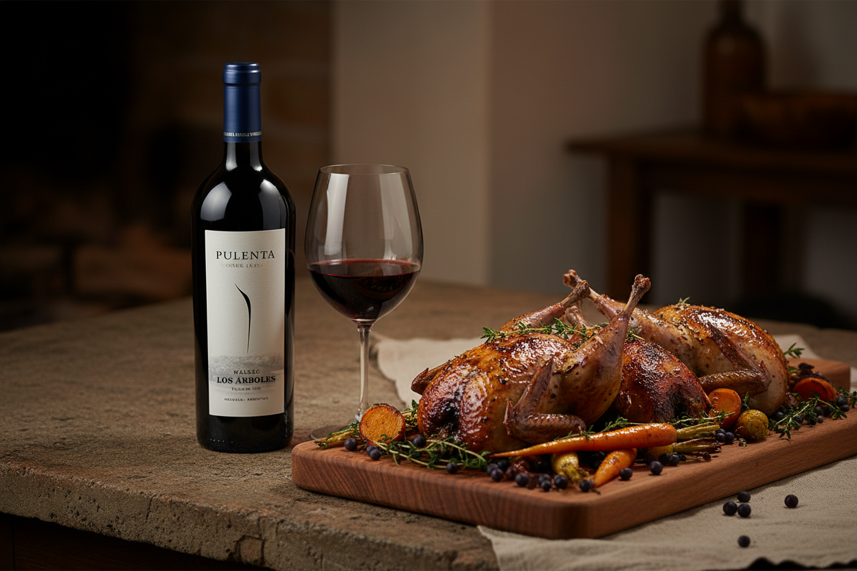 Maridaje Pulenta Single Vineyard Malbec Los Arboles con Aves de Caza con Hierbas Silvestres