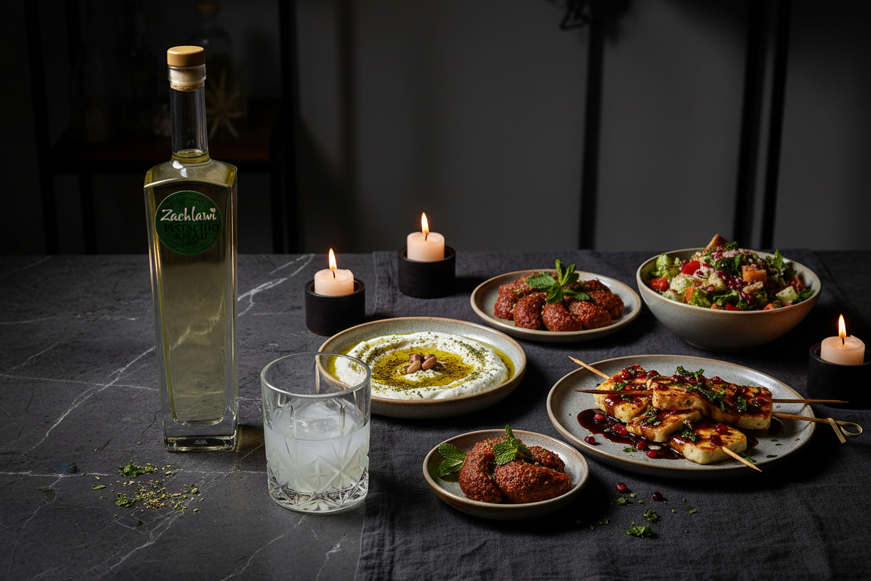 Zachlawi Pistachio Arak con comida libanesa contemporánea - maridaje