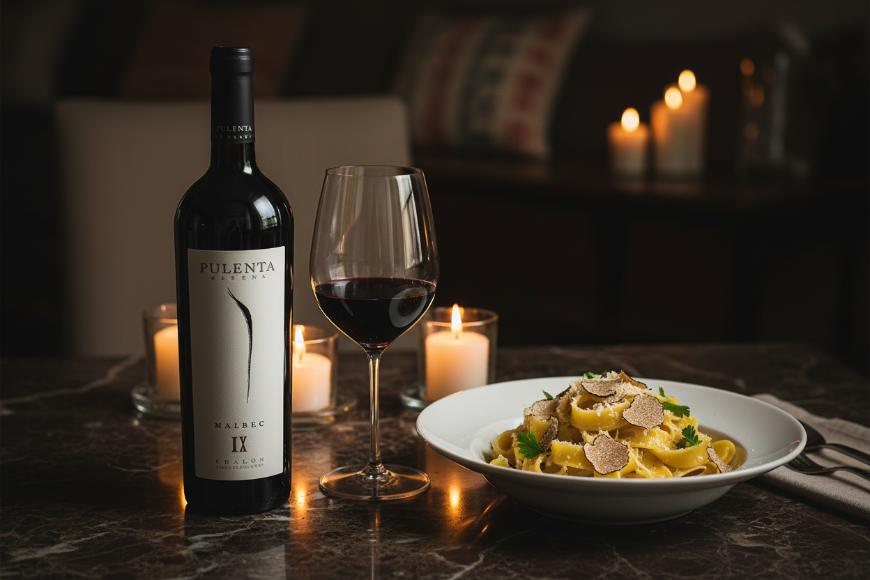Maridaje Pulenta Estate Merlot con Pastas con Trufa