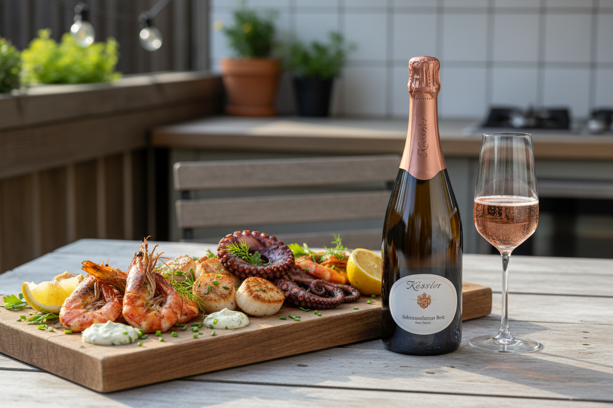 Maridaje Assmannsshäuser Rosé Brut Nature Sekt 2022 con mariscos a la brasa